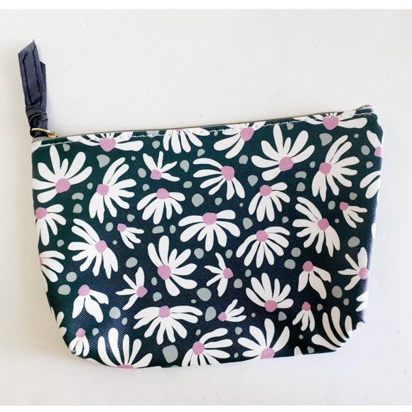Brand New Two Navy Floral Green Abstract Prints Cosmetic Bag Purse NWOT 6"L - Picture 4 of 12
